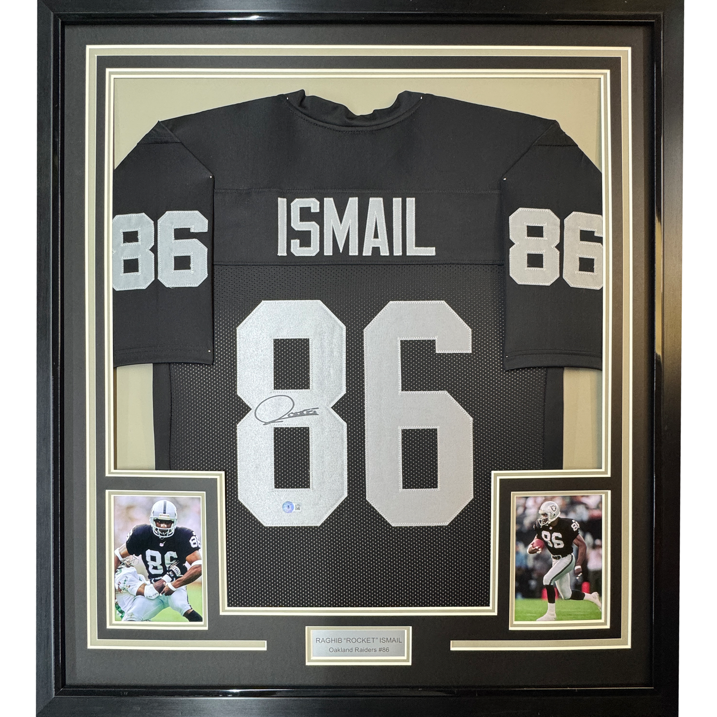 Framed Autographed/Signed Raghib Rocket Ismail 35x39 Oakland Raiders Black Football Jersey JSA COA