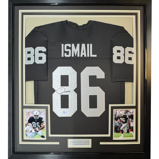 Framed Autographed/Signed Raghib Rocket Ismail 35x39 Oakland Raiders Black Football Jersey JSA COA