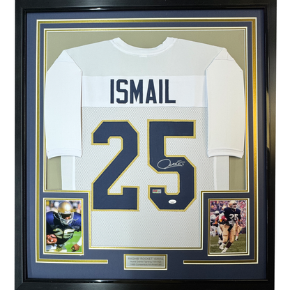 Framed Autographed/Signed Raghib Ismail Rocket 35x39 Notre Dame White College Football Jersey JSA COA
