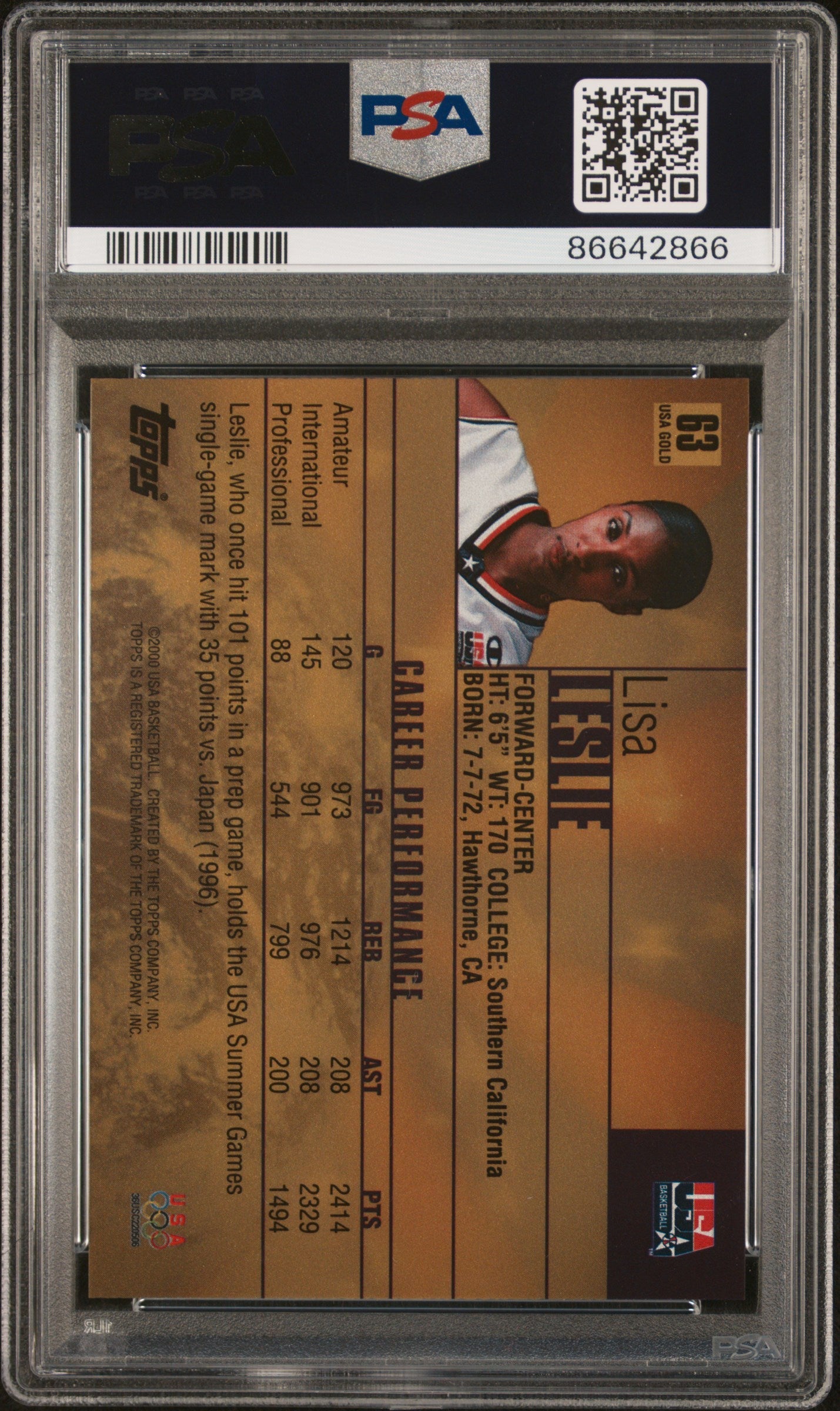 Graded 2000 Topps Team USA Lisa Leslie #63 Gold Basketball Card PSA 10 Gem Mint