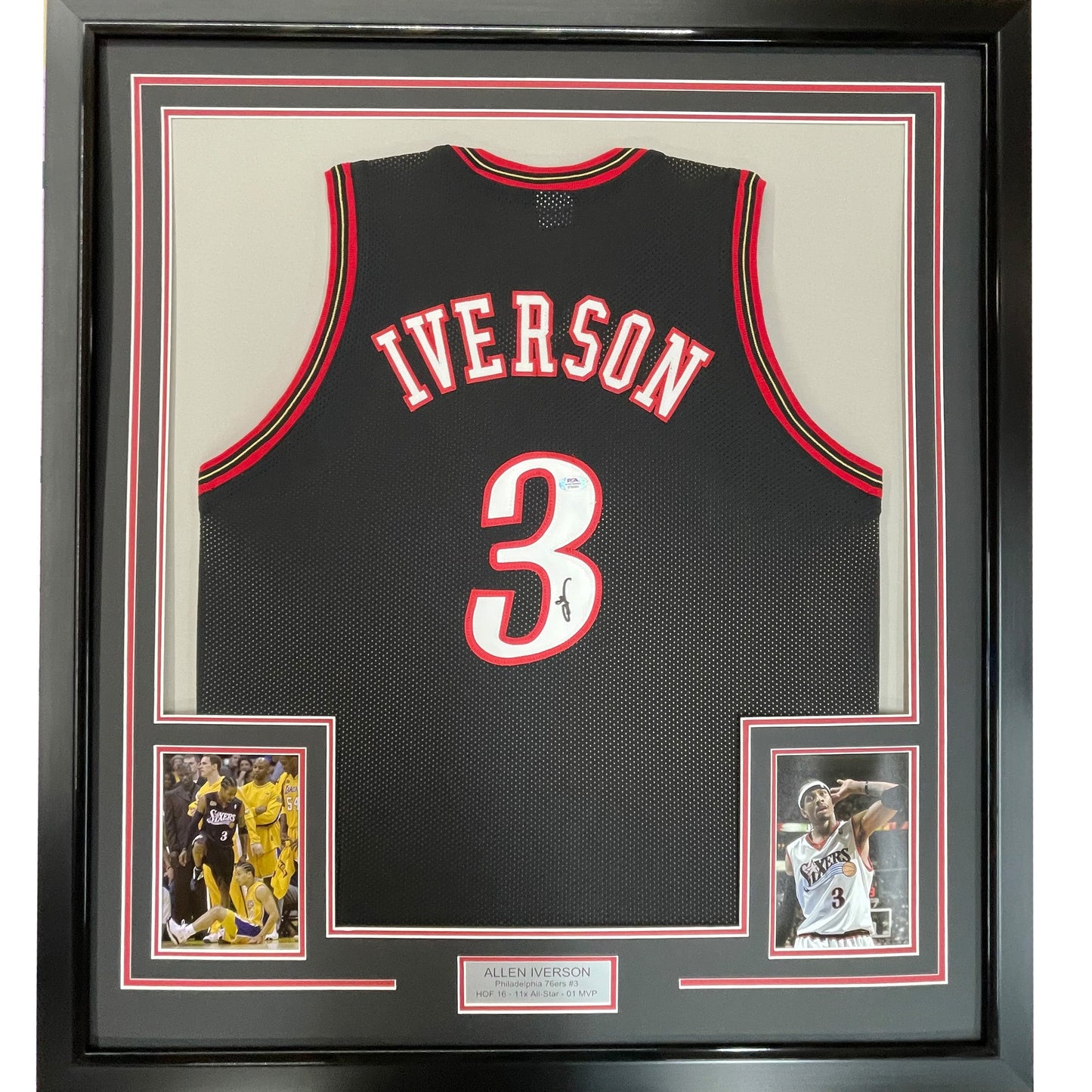 Framed Autographed/Signed Allen Iverson 35x39 Philadelphia Black Basketball Jersey JSA COA
