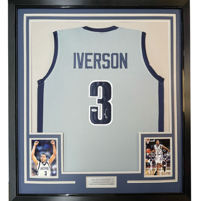 Framed Autographed/Signed Allen Iverson 35x39 Georgetown Grey Basketball Jersey JSA COA