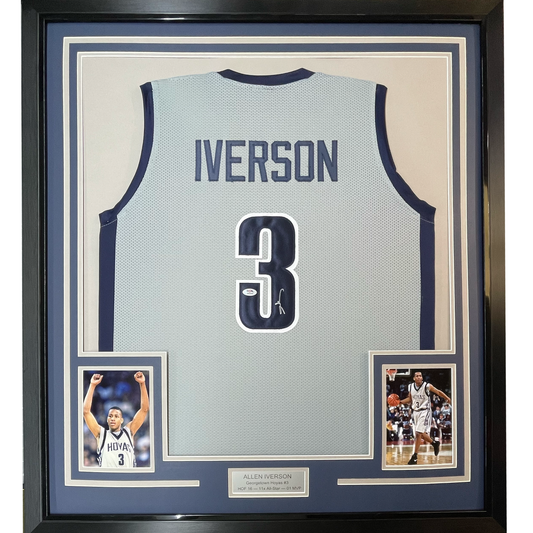 Framed Autographed/Signed Allen Iverson 35x39 Georgetown Grey Basketball Jersey JSA COA