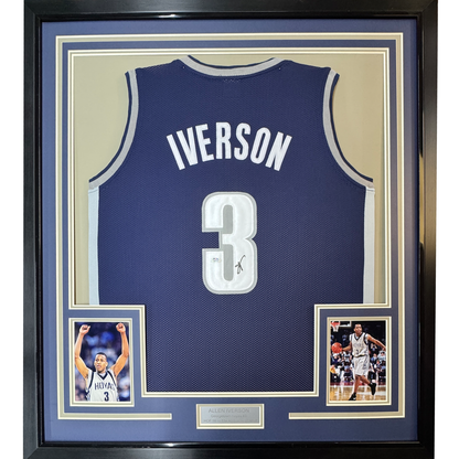 Framed Autographed/Signed Allen Iverson 35x39 Georgetown Blue Basketball Jersey JSA COA