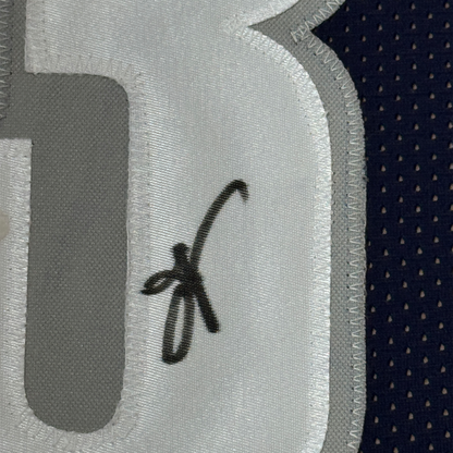 Framed Autographed/Signed Allen Iverson 35x39 Georgetown Blue Basketball Jersey JSA COA