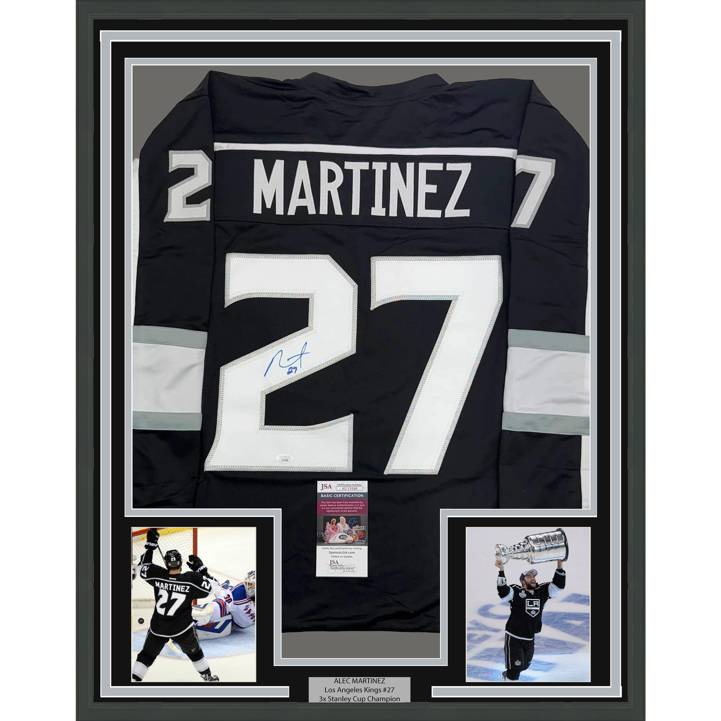 Framed Autographed/Signed Alec Martinez 35x39 Los Angeles LA Black Hockey Jersey JSA COA