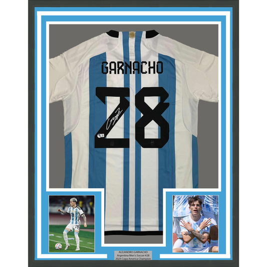 Framed Autographed/Signed Alejandro Garnacho 35x39 Argentina Blue Soccer Futbol Jersey Beckett BAS COA