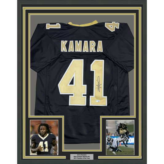 Framed Autographed/Signed Alvin Kamara 35x39 New Orleans Black Football Jersey Beckett BAS COA