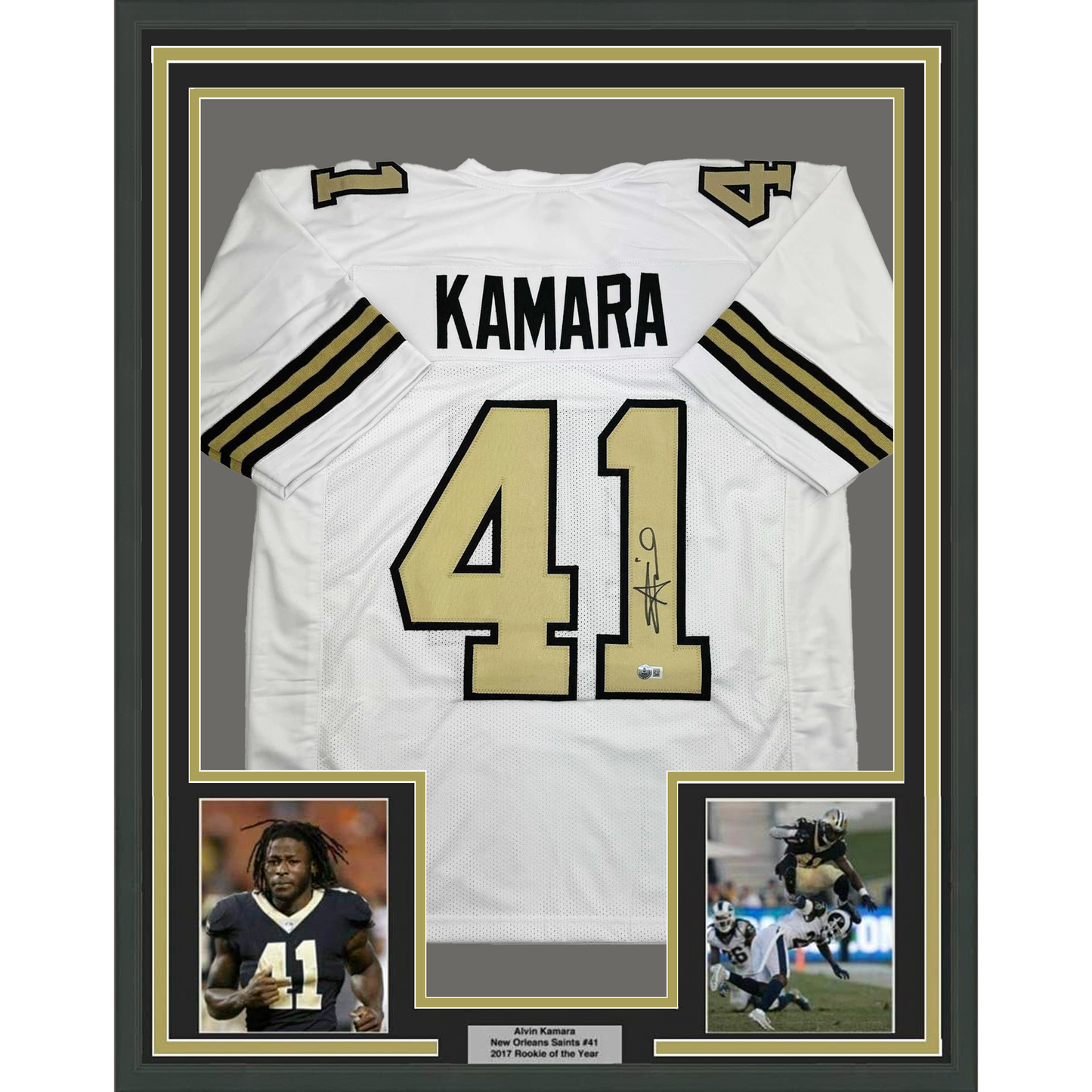 Framed Autographed/Signed Alvin Kamara 35x39 New Orleans White Color Rush Football Jersey Beckett BAS COA