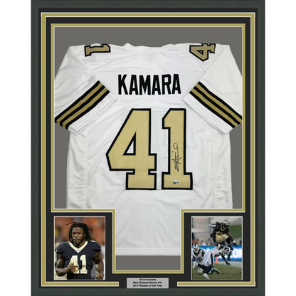 Framed Autographed/Signed Alvin Kamara 35x39 New Orleans White Color Rush Football Jersey Beckett BAS COA