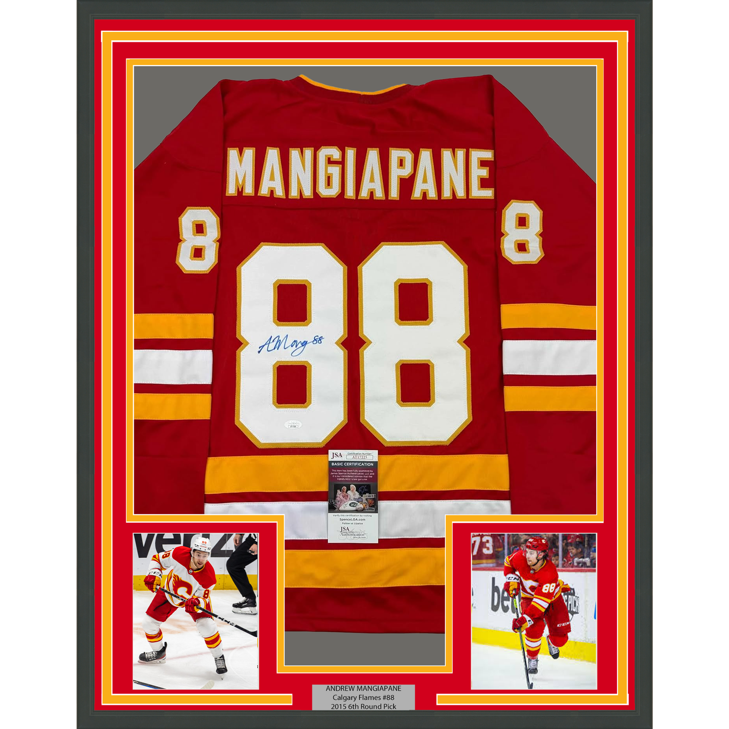 Framed Autographed/Signed Andrew Mangiapane 35x39 Calgary Red Hockey Jersey JSA COA