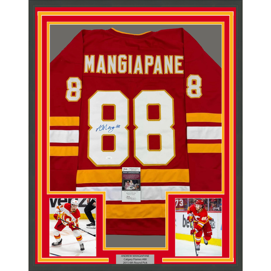 Framed Autographed/Signed Andrew Mangiapane 35x39 Calgary Red Hockey Jersey JSA COA