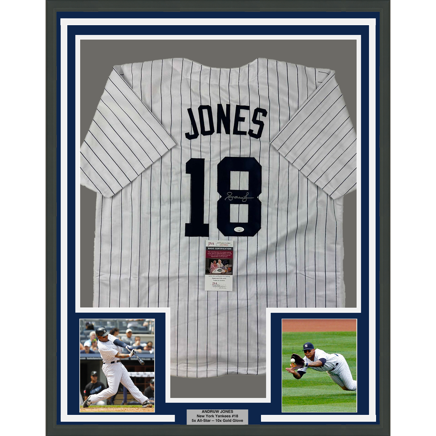 Framed Autographed/Signed Andruw Jones 35x39 New York Pinstripe Baseball Jersey JSA COA