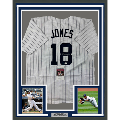 Framed Autographed/Signed Andruw Jones 35x39 New York Pinstripe Baseball Jersey JSA COA