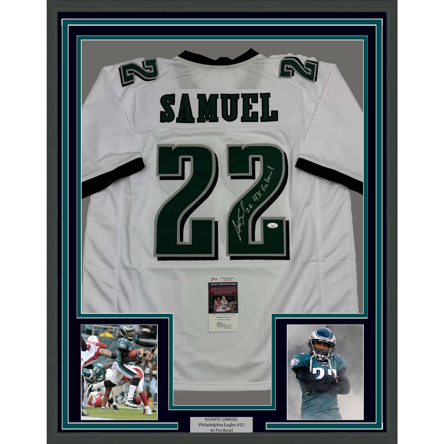 Framed Autographed/Signed Asante Samuel Sr. 4x Pro Bowl 35x39 Philadelphia White Football Jersey JSA COA