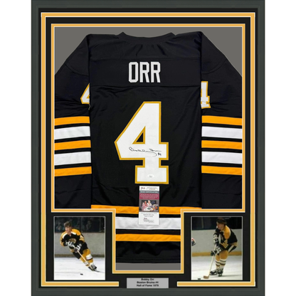 Framed Autographed/Signed Bobby Orr 35x39 Boston Black Hockey Jersey JSA COA