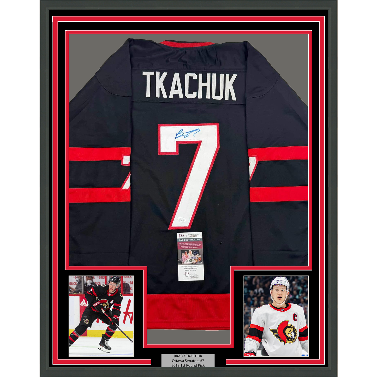 Framed Autographed/Signed Brady Tkachuk 35x39 Ottawa Black Hockey Jersey JSA COA
