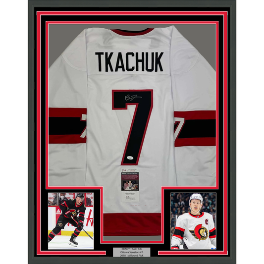 Framed Autographed/Signed Brady Tkachuk 35x39 Ottawa White Hockey Jersey JSA COA