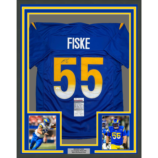 Framed Autographed/Signed Braden Fiske 35x39 Los Angeles LA Blue Football Jersey JSA COA