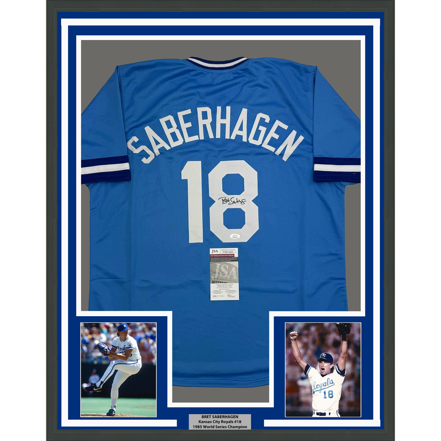 Framed Autographed/Signed Bret Saberhagen 35x39 Kansas City Light Blue Baseball Jersey JSA COA