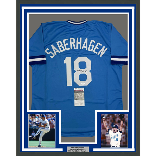Framed Autographed/Signed Bret Saberhagen 35x39 Kansas City Light Blue Baseball Jersey JSA COA