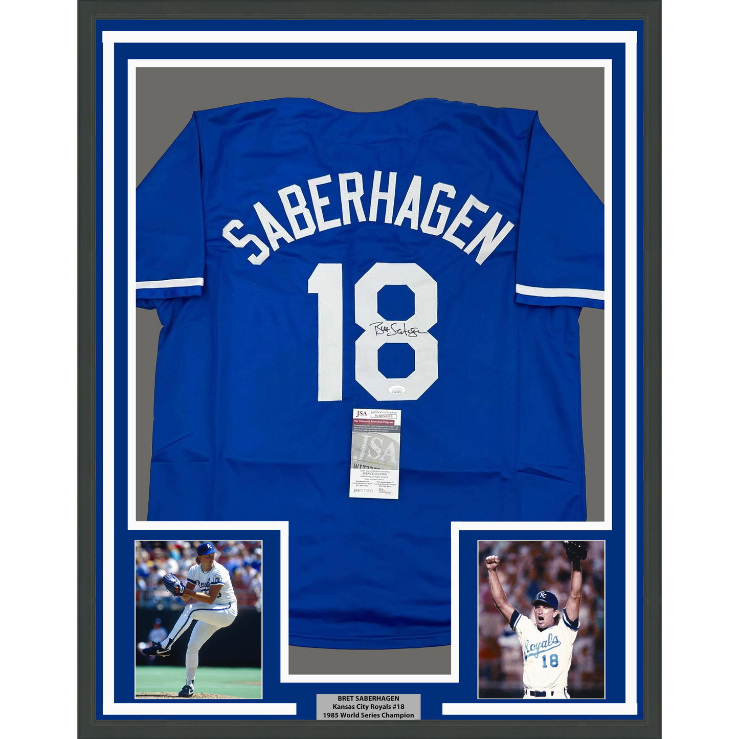 Framed Autographed/Signed Bret Saberhagen 35x39 Kansas City Dark Blue Baseball Jersey JSA COA