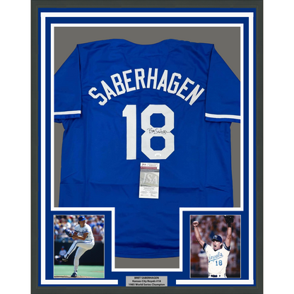Framed Autographed/Signed Bret Saberhagen 35x39 Kansas City Dark Blue Baseball Jersey JSA COA