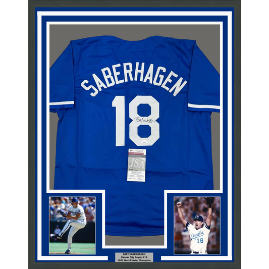Framed Autographed/Signed Bret Saberhagen 35x39 Kansas City Dark Blue Baseball Jersey JSA COA