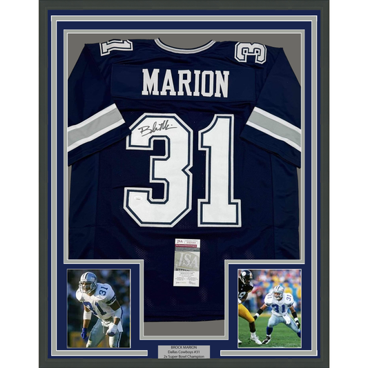 Framed Autographed/Signed Brock Marion 35x39 Dallas Blue Football Jersey JSA COA