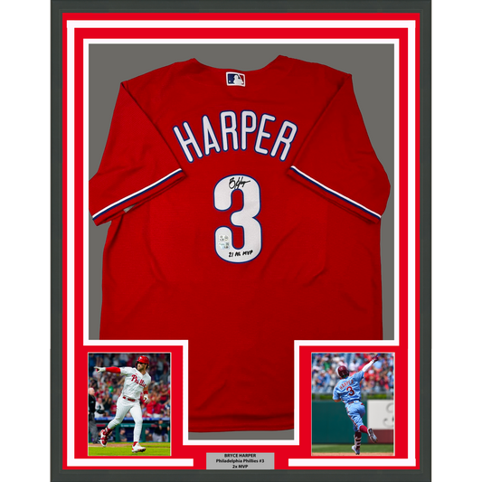 Framed Autographed/Signed Bryce Harper 35x39 21 NL MVP Philadelphia Phillies Red Replica Baseball Jersey Fanatics & MLB COA