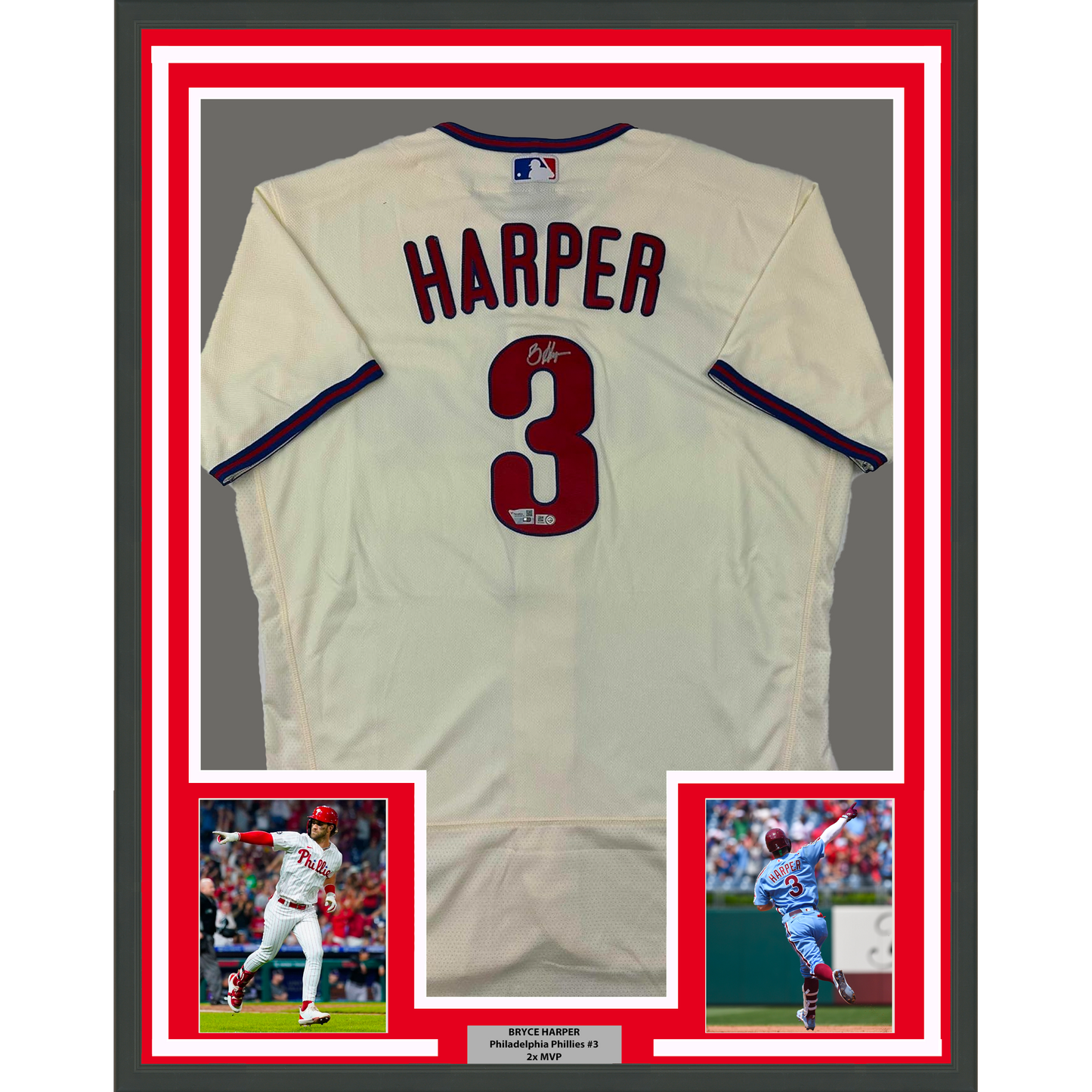 Framed Autographed/Signed Bryce Harper 35x39 Philadelphia Phillies Cream Authentic Baseball Jersey Fanatics & MLB COA