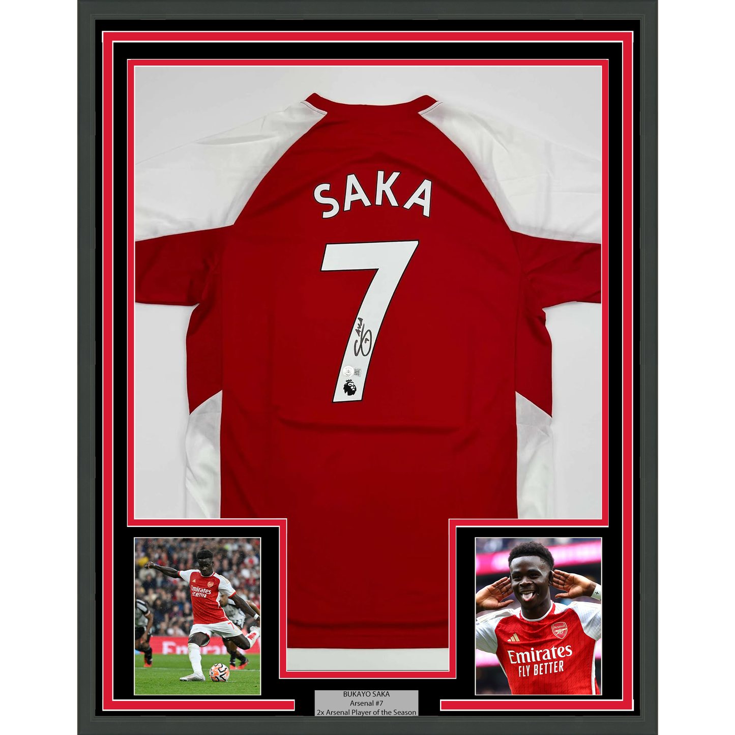 Framed Autographed/Signed Bukayo Saka 35x39 Arsenal Red Soccer Jersey Beckett BAS COA #2