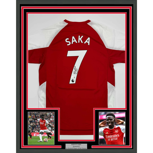 Framed Autographed/Signed Bukayo Saka 35x39 Arsenal Red Soccer Jersey Beckett BAS COA #2