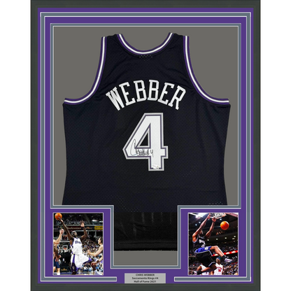 Framed Autographed/Signed Chris Webber 35x39 Sacramento Black Basketball Mitchell & Ness Jersey Fanatics COA