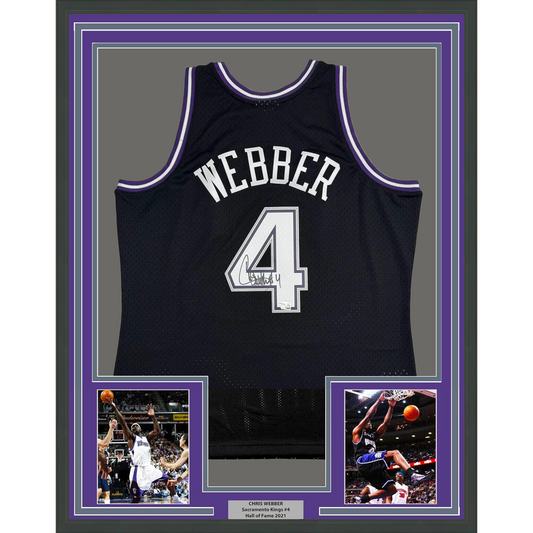 Framed Autographed/Signed Chris Webber 35x39 Sacramento Black Basketball Mitchell & Ness Jersey Fanatics COA