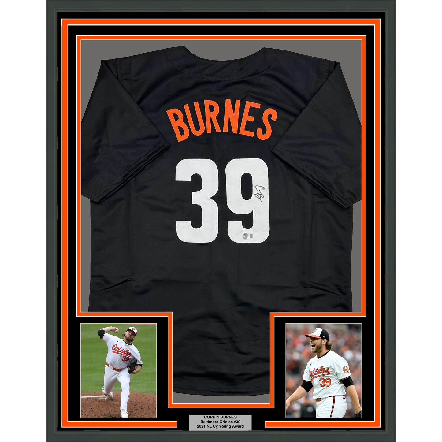 Framed Autographed/Signed Corbin Burnes 35x39 Baltimore Black City Connect Baseball Jersey Beckett BAS COA