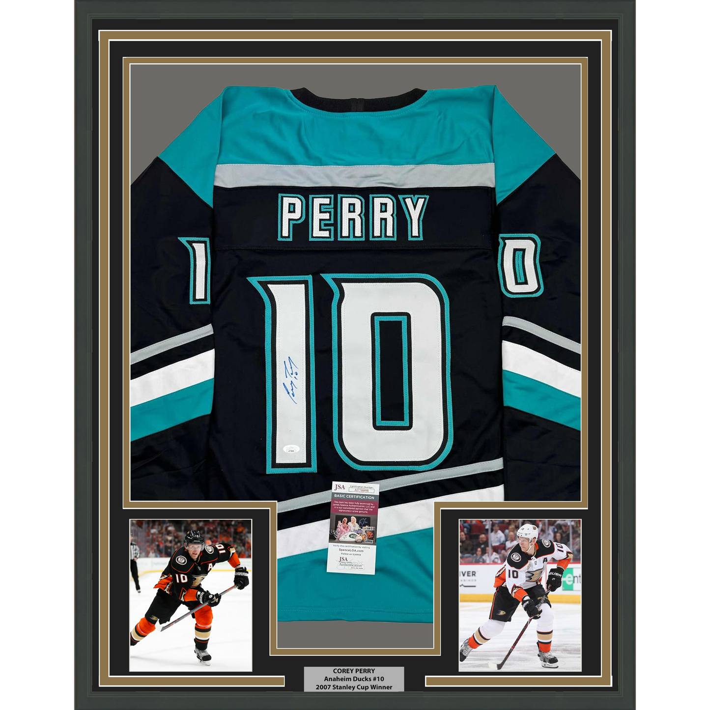 Framed Autographed/Signed Corey Perry 35x39 Anaheim Black Retro Hockey Jersey JSA COA