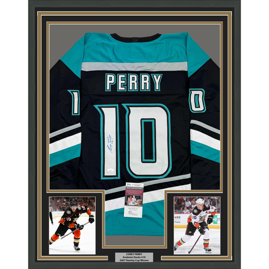Framed Autographed/Signed Corey Perry 35x39 Anaheim Black Retro Hockey Jersey JSA COA