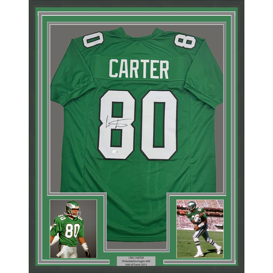 Framed Autographed/Signed Cris Carter 35x39 Philadelphia Kelly Green Football Jersey Beckett BAS COA