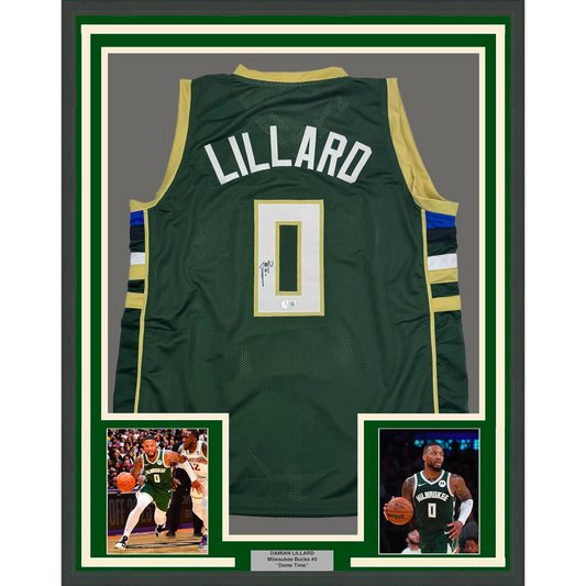 Framed Autographed/Signed Damian Lillard 35x39 Milwaukee Green Basketball Jersey Beckett BAS COA #2