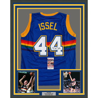 Framed Autographed/Signed Dan Issel 35x39 Denver Blue Retro Rainbow Basketball Jersey JSA COA