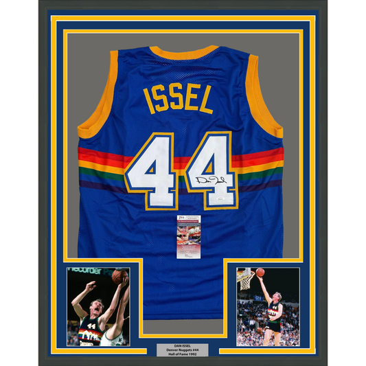 Framed Autographed/Signed Dan Issel 35x39 Denver Blue Retro Rainbow Basketball Jersey JSA COA