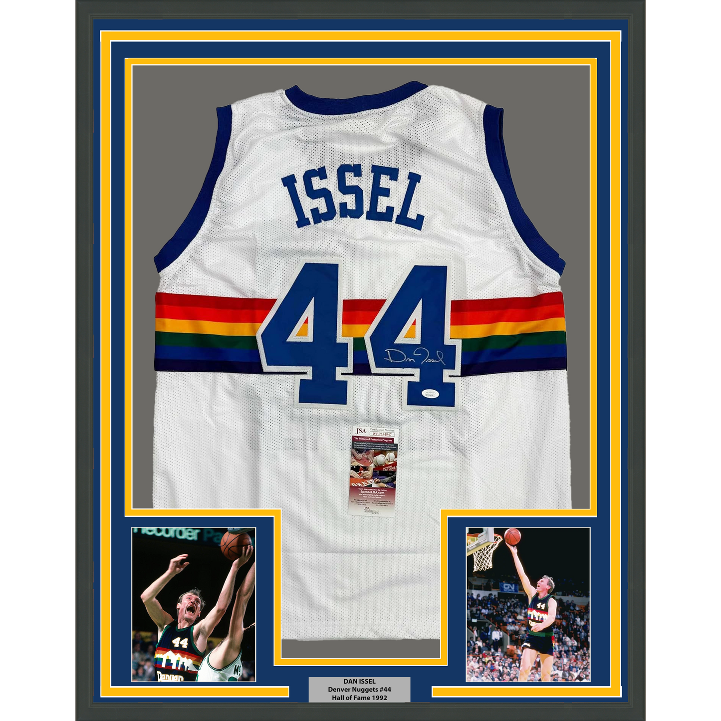 Framed Autographed/Signed Dan Issel 35x39 Denver White Retro Rainbow Basketball Jersey JSA COA