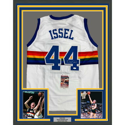 Framed Autographed/Signed Dan Issel 35x39 Denver White Retro Rainbow Basketball Jersey JSA COA