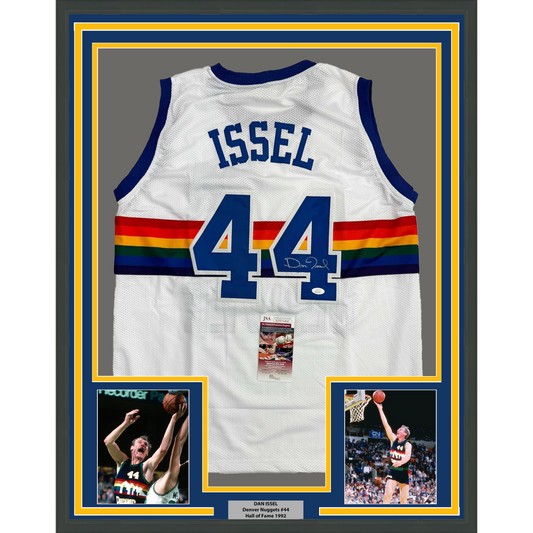 Framed Autographed/Signed Dan Issel 35x39 Denver White Retro Rainbow Basketball Jersey JSA COA