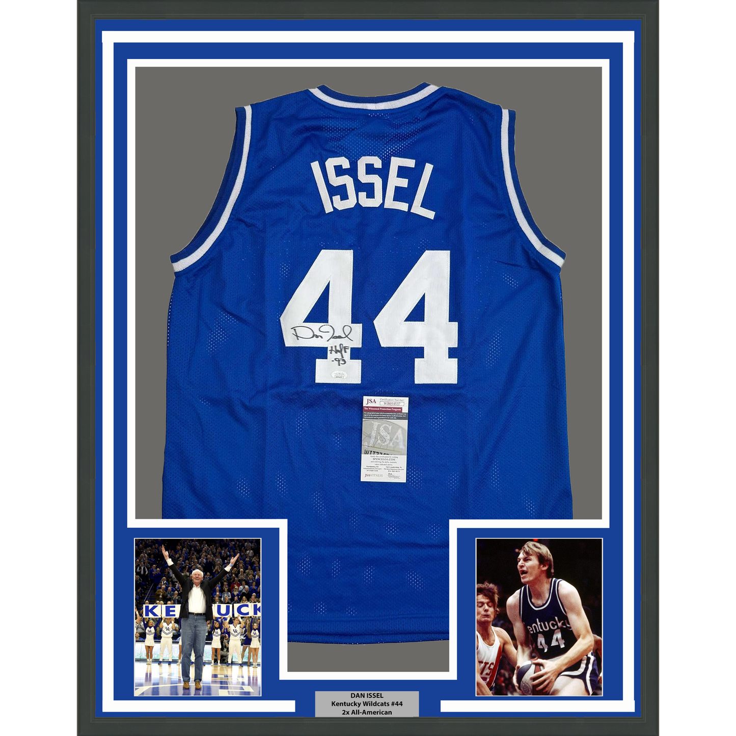 Framed Autographed/Signed Dan Issel 35x39 Kentucky Blue College Basketball Jersey JSA COA