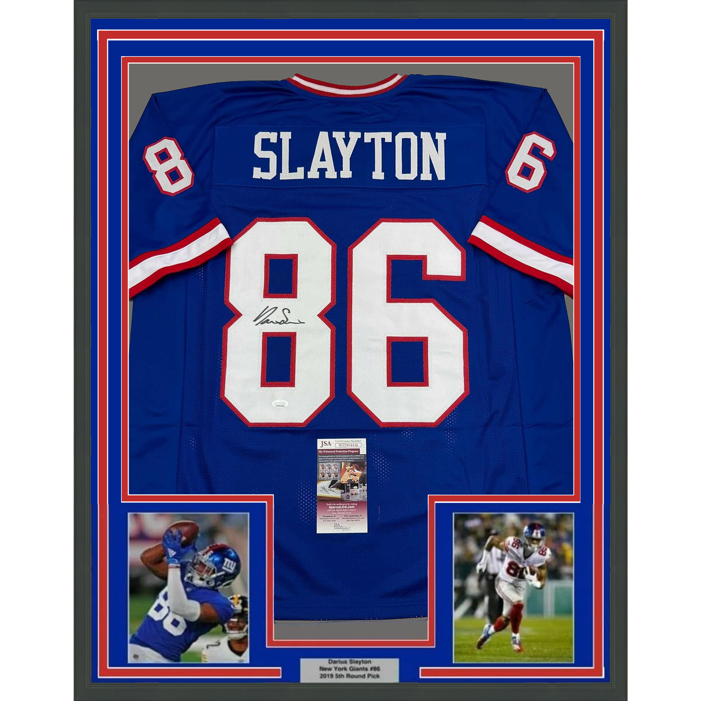 Framed Autographed/Signed Darius Slayton 35x39 New York Retro Blue Football Jersey JSA COA