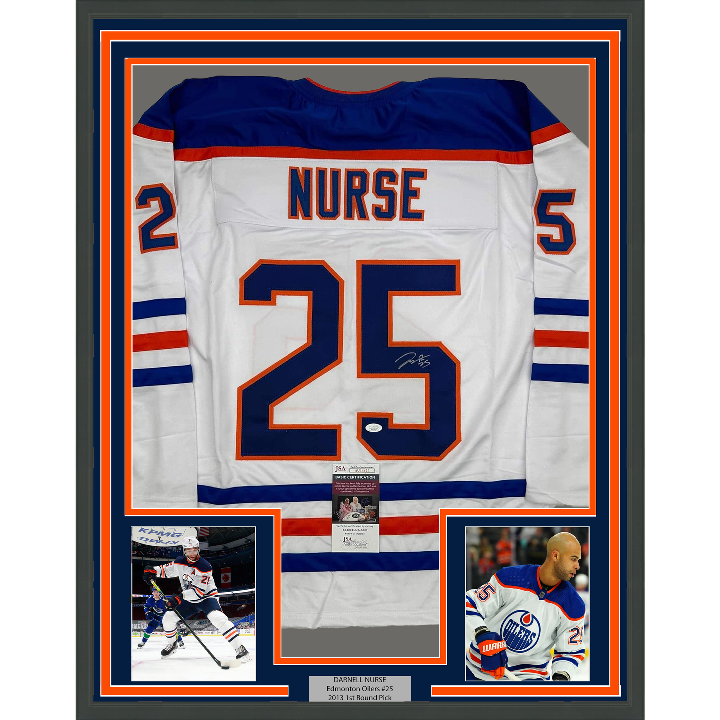 Framed Autographed/Signed Darnell Nurse 35x39 Edmonton White Hockey Jersey JSA COA