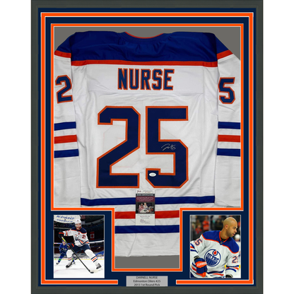 Framed Autographed/Signed Darnell Nurse 35x39 Edmonton White Hockey Jersey JSA COA