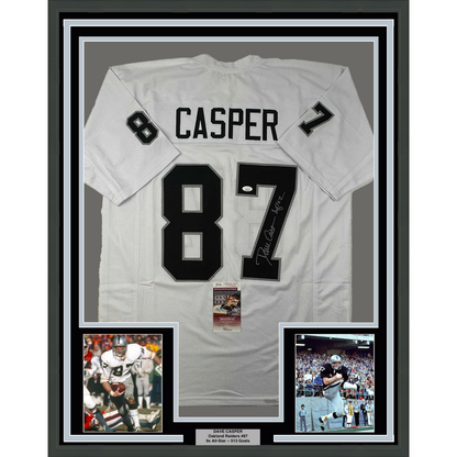 Framed Autographed/Signed Dave Casper 35x39 HOF 02 Oakland Las Vegas White Football Jersey JSA COA